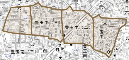 豊玉中とその周辺の地図。町の範囲を重ねている