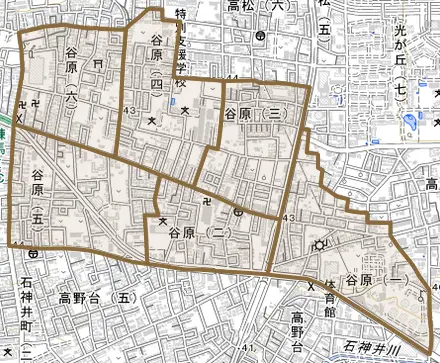 谷原とその周辺の地図。町の範囲を重ねている
