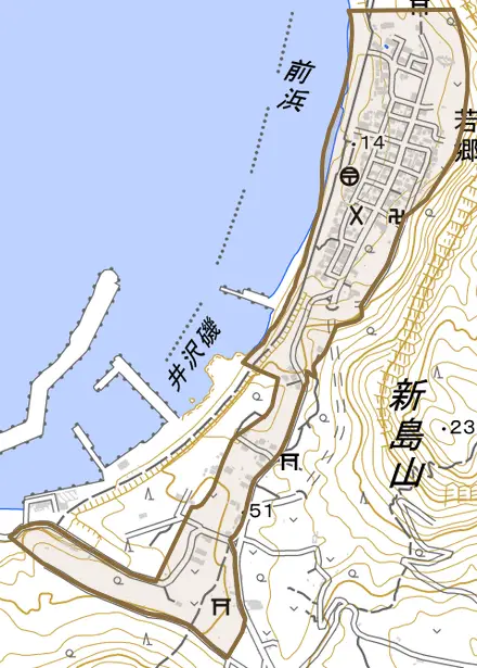 若郷とその周辺の地図。町の範囲を重ねている