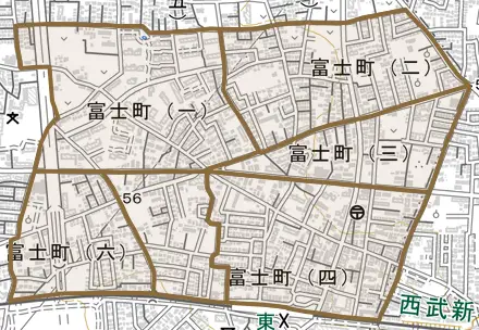 富士町とその周辺の地図。町の範囲を重ねている