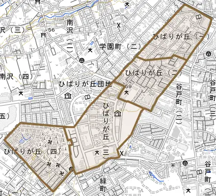 ひばりが丘とその周辺の地図。町の範囲を重ねている
