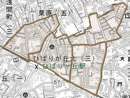 ひばりが丘北とその周辺の地図。町の範囲を重ねている