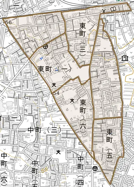 東町とその周辺の地図。町の範囲を重ねている