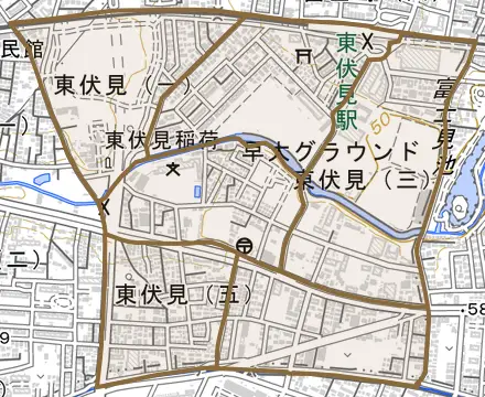 東伏見とその周辺の地図。町の範囲を重ねている