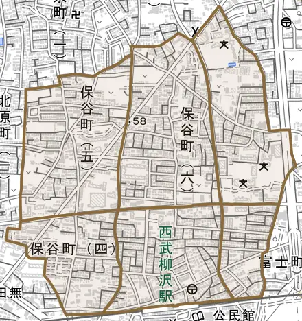 保谷町とその周辺の地図。町の範囲を重ねている