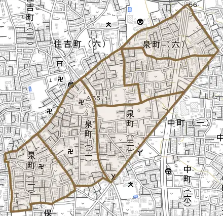 泉町とその周辺の地図。町の範囲を重ねている