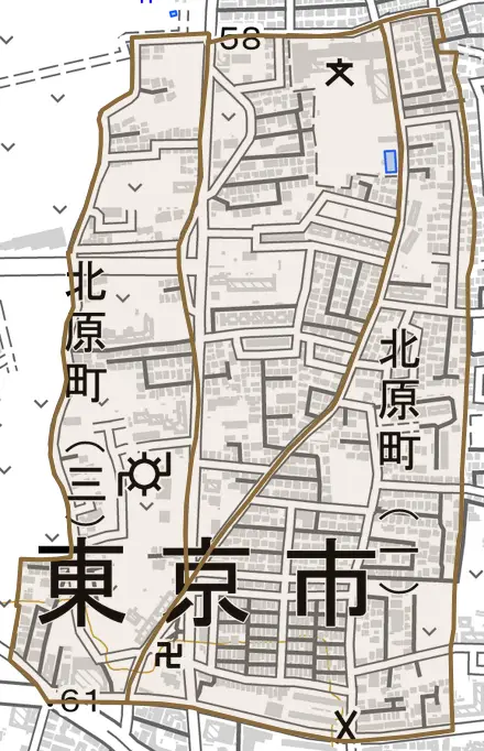 北原町とその周辺の地図。町の範囲を重ねている