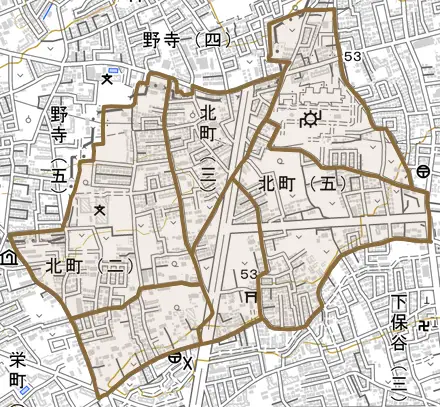 北町とその周辺の地図。町の範囲を重ねている