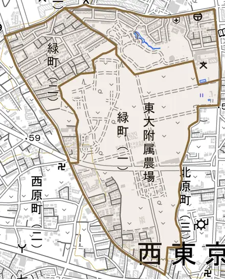 緑町とその周辺の地図。町の範囲を重ねている