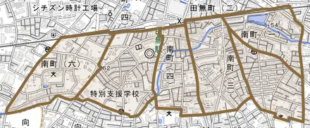 南町とその周辺の地図。町の範囲を重ねている