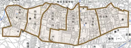 向台町とその周辺の地図。町の範囲を重ねている