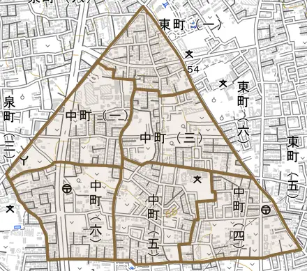 中町とその周辺の地図。町の範囲を重ねている