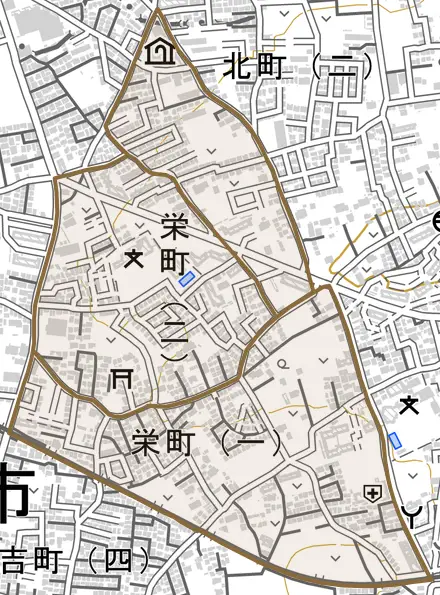栄町とその周辺の地図。町の範囲を重ねている