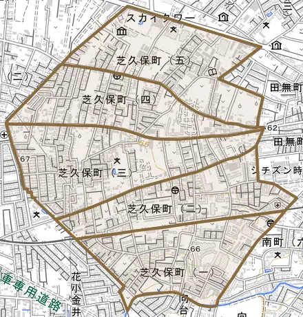 芝久保町とその周辺の地図。町の範囲を重ねている