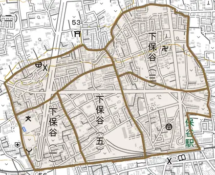 下保谷とその周辺の地図。町の範囲を重ねている