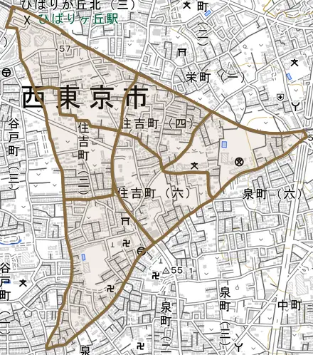 住吉町とその周辺の地図。町の範囲を重ねている