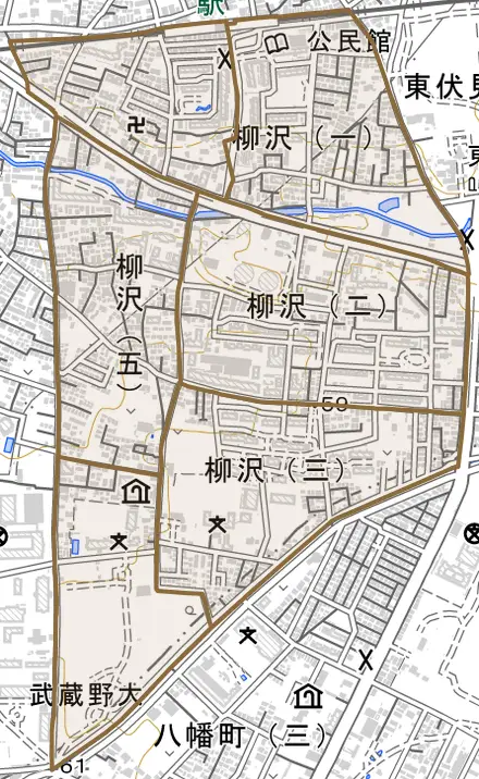 柳沢とその周辺の地図。町の範囲を重ねている