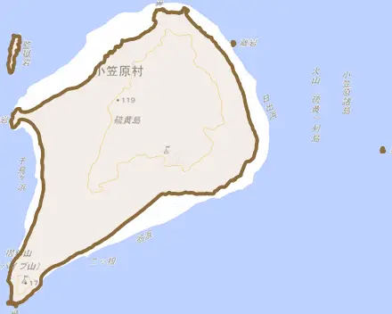 硫黄島とその周辺の地図。町の範囲を重ねている