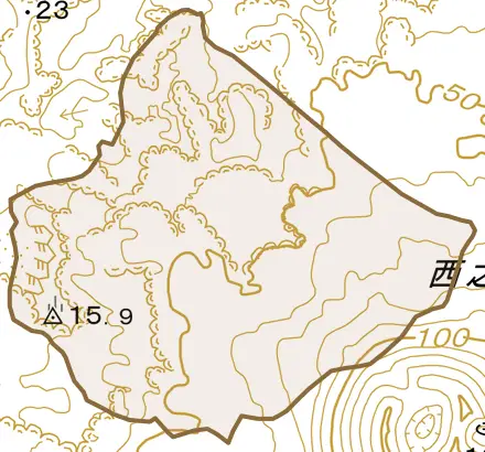 西之島とその周辺の地図。町の範囲を重ねている
