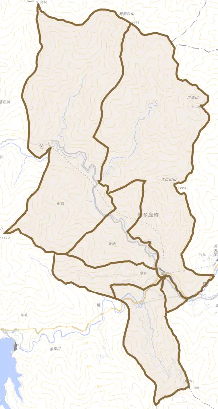 氷川とその周辺の地図。町の範囲を重ねている