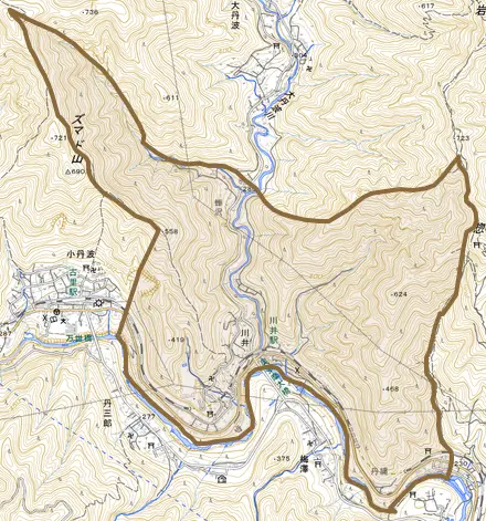 川井とその周辺の地図。町の範囲を重ねている