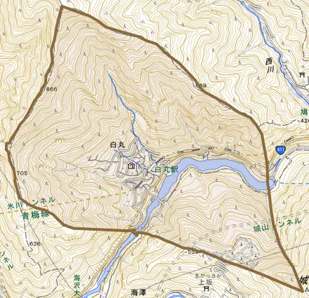 白丸とその周辺の地図。町の範囲を重ねている