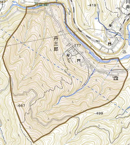 丹三郎とその周辺の地図。町の範囲を重ねている