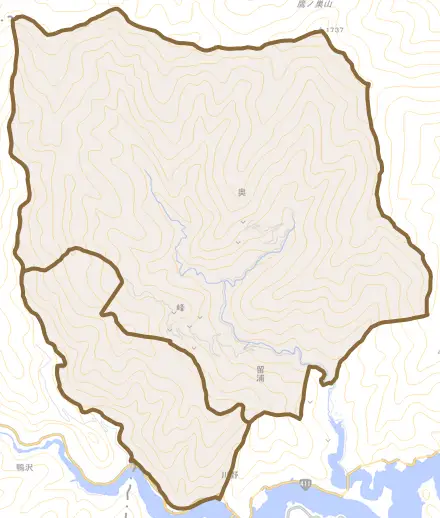 留浦とその周辺の地図。町の範囲を重ねている