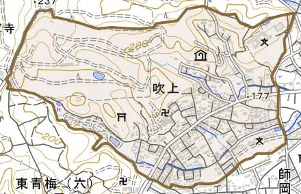吹上とその周辺の地図。町の範囲を重ねている