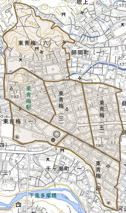 東青梅とその周辺の地図。町の範囲を重ねている