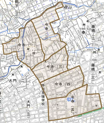今寺とその周辺の地図。町の範囲を重ねている