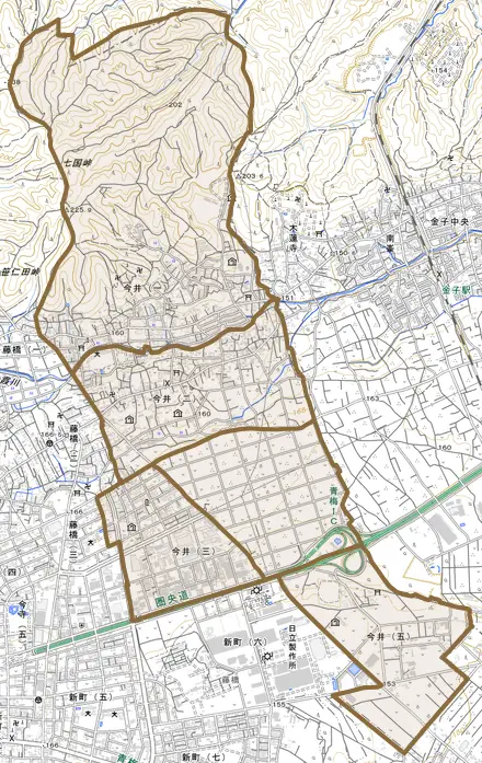 今井とその周辺の地図。町の範囲を重ねている