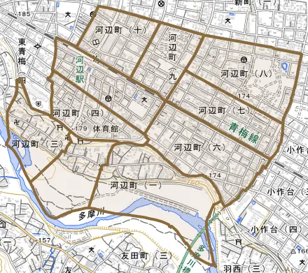 河辺町とその周辺の地図。町の範囲を重ねている