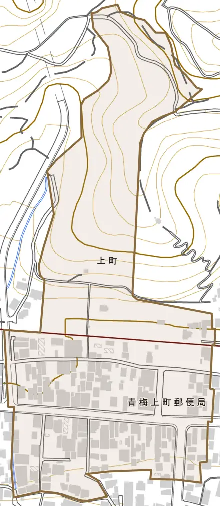 上町とその周辺の地図。町の範囲を重ねている