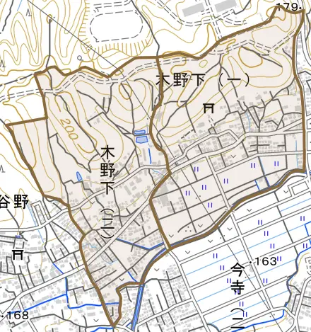 木野下とその周辺の地図。町の範囲を重ねている