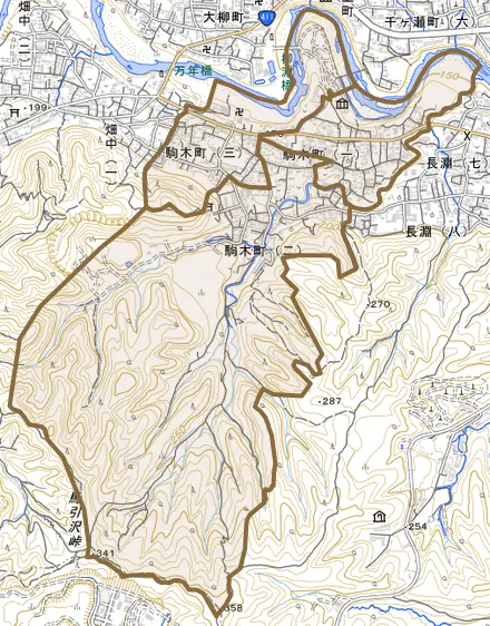 駒木町とその周辺の地図。町の範囲を重ねている