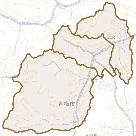 黒沢とその周辺の地図。町の範囲を重ねている