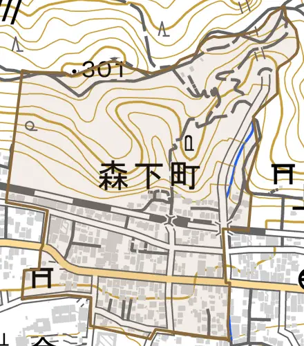 森下町とその周辺の地図。町の範囲を重ねている
