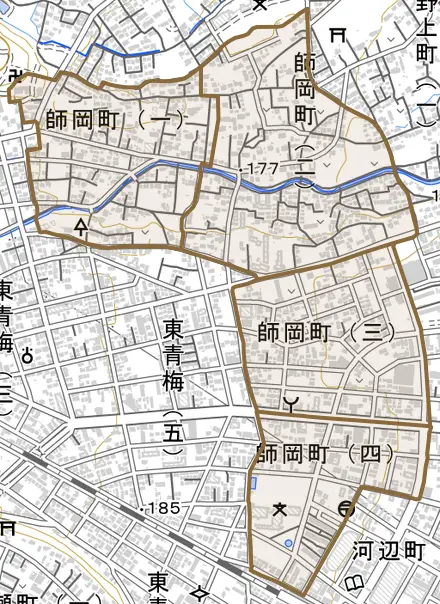 師岡町とその周辺の地図。町の範囲を重ねている