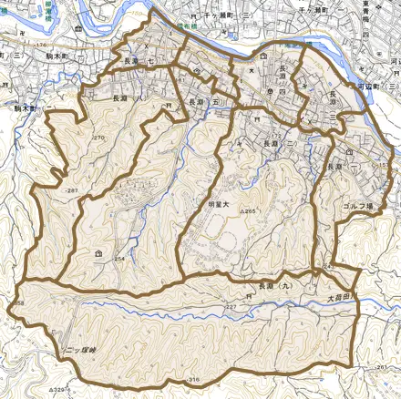 長淵とその周辺の地図。町の範囲を重ねている