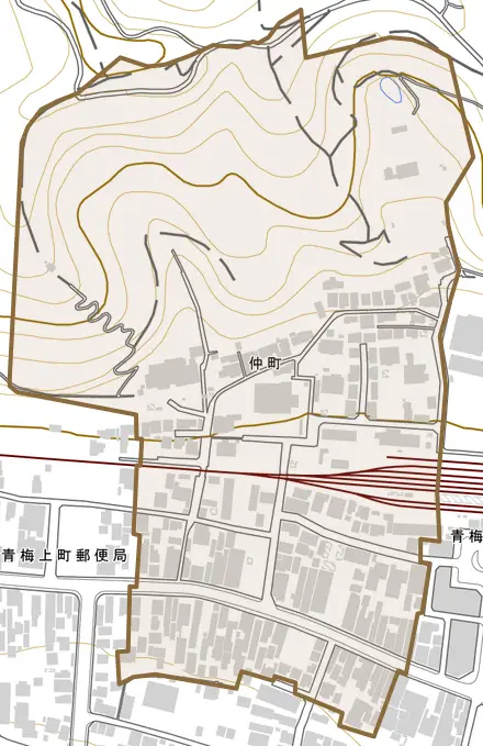 仲町とその周辺の地図。町の範囲を重ねている