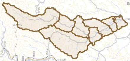 成木とその周辺の地図。町の範囲を重ねている