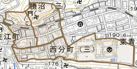 西分町とその周辺の地図。町の範囲を重ねている