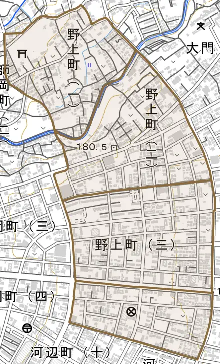 野上町とその周辺の地図。町の範囲を重ねている