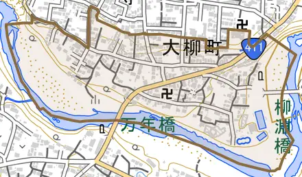 大柳町とその周辺の地図。町の範囲を重ねている