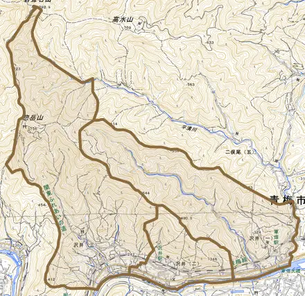 沢井とその周辺の地図。町の範囲を重ねている