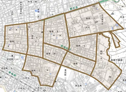 新町とその周辺の地図。町の範囲を重ねている