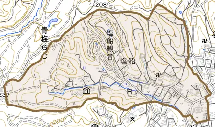 塩船とその周辺の地図。町の範囲を重ねている