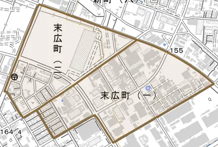末広町とその周辺の地図。町の範囲を重ねている