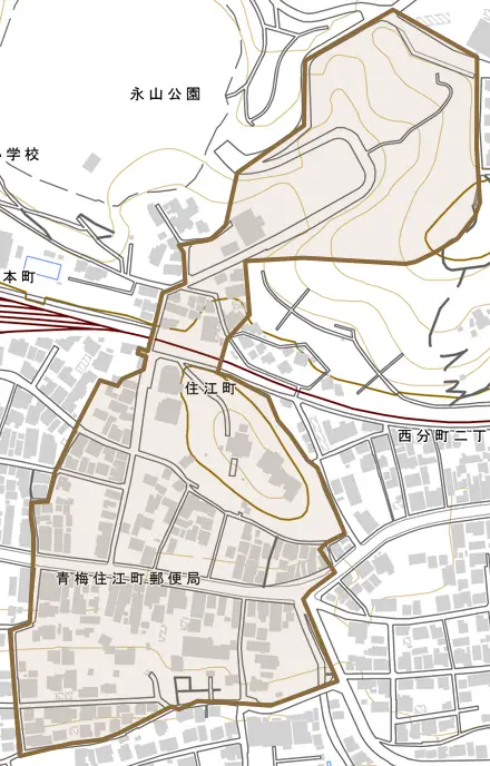 住江町とその周辺の地図。町の範囲を重ねている
